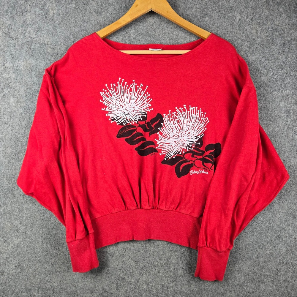 Vintage 80s Crazy Shirt Hawaii Sweatshirt Womens S Red Ohia Lehua Floral Graphic